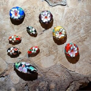 Beads113: Vtg Cloisonné Floral Beads, Hand-Enameled Brass, Multi-Color Flower